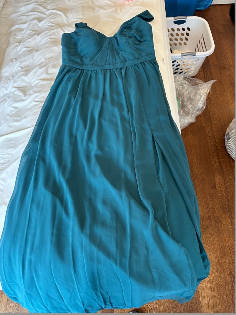 Azazie Evie bridesmaid dress in peacock size A16 with slit